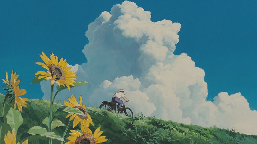Anime boy riding bicycle through sunflower field under dramatic cumulus clouds HD wallpaper