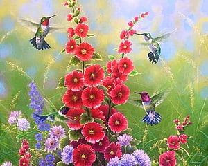 Vibrant Hummingbirds Hovering Over Red Hollyhocks and Purple Wildflowers in a Lush Garden HD wallpaper