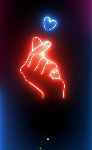 Neon Finger Heart Gesture With Glowing Blue Heart Symbol On Dark Background HD phone wallpaper