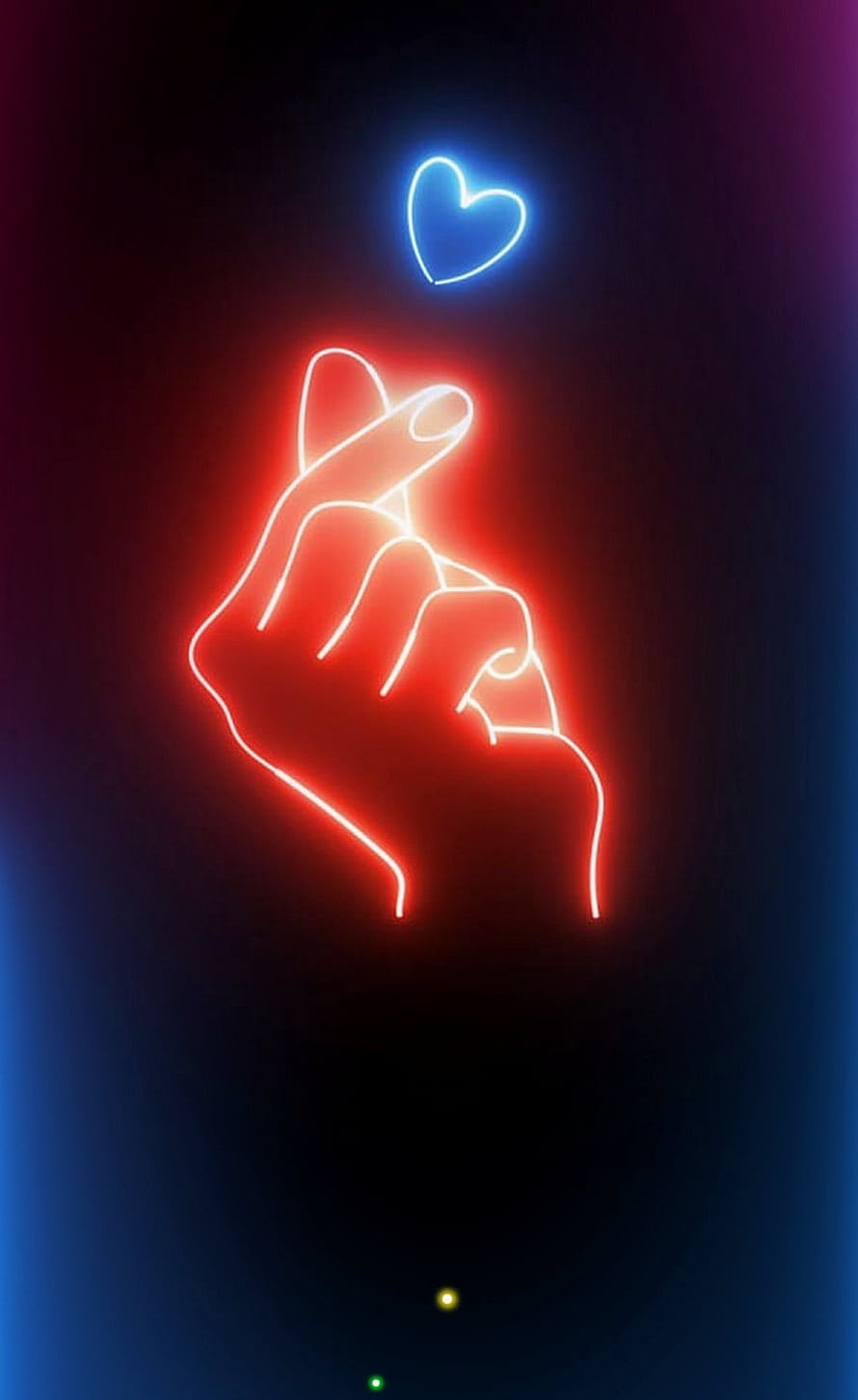 Neon Finger Heart Gesture With Glowing Blue Heart Symbol On Dark Background HD phone wallpaper