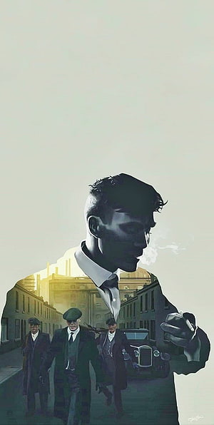Peaky Blinders Tommy Shelby Double Exposure Artwork with Vintage Street Scene HD phone wallpaper
