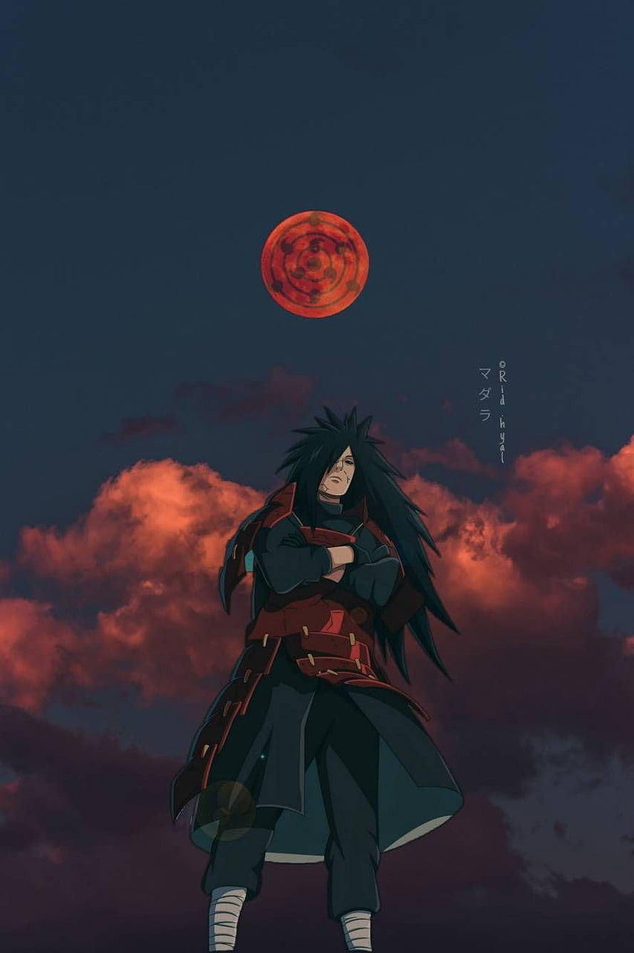 Uchiha Madara Standing Under a Red Moon with Dramatic Clouds in Naruto Anime Art HD phone wallpaper