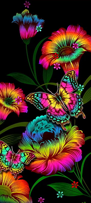 Vibrant Rainbow Flowers and Butterflies on Black Background HD phone wallpaper