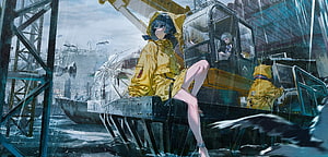 Anime girl in yellow raincoat sitting on industrial dock in the rain HD wallpaper