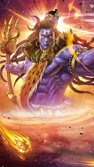 Blue-skinned Hindu deity Shiva with trident, snakes, and cosmic background HD phone wallpaper