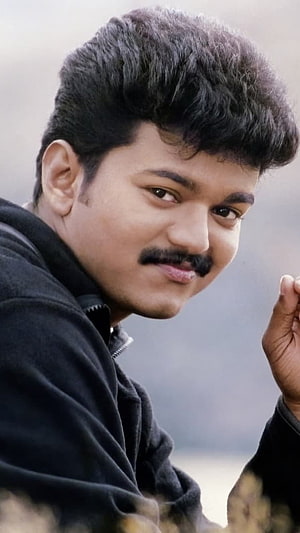 Thalapathy Vijay Portrait in Black Jacket with Mustache and Curly Hair HD phone wallpaper
