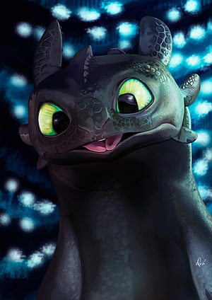 Cute Baby Toothless Dragon with Glowing Green Eyes and Playful Expression HD phone wallpaper