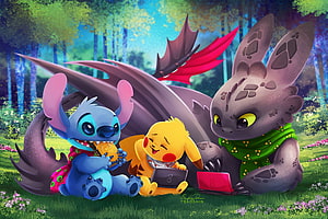 Stitch, Pikachu, and Toothless Relaxing in a Forest with Laptops HD wallpaper