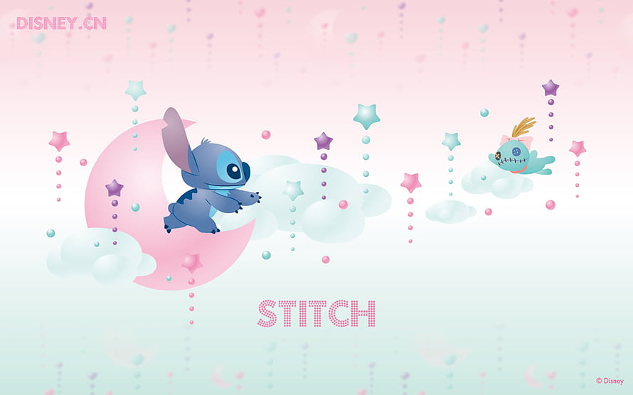 Stitch and Angel on a Pink Moon with Stars and Clouds in a Dreamy Pastel Scene HD wallpaper