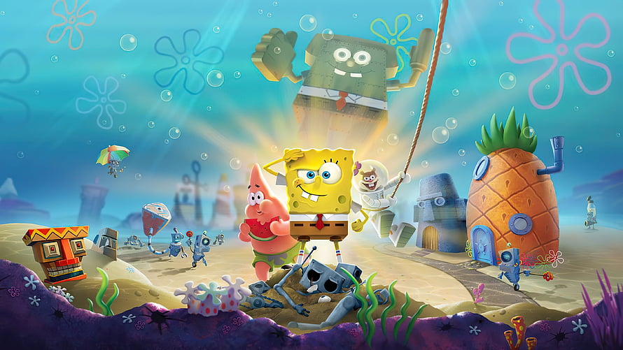SpongeBob SquarePants and Friends in Underwater Cartoon Adventure Scene HD wallpaper