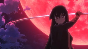 Akame Ga Kill Anime Character Wielding Katana Against Crimson Sky HD wallpaper