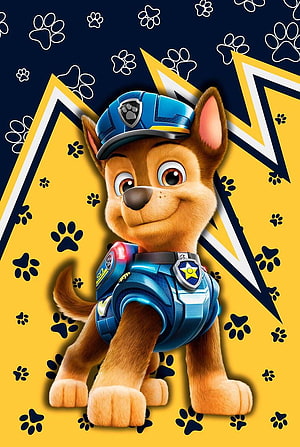 Chase from PAW Patrol in Blue Police Uniform with Yellow Lightning Background HD phone wallpaper