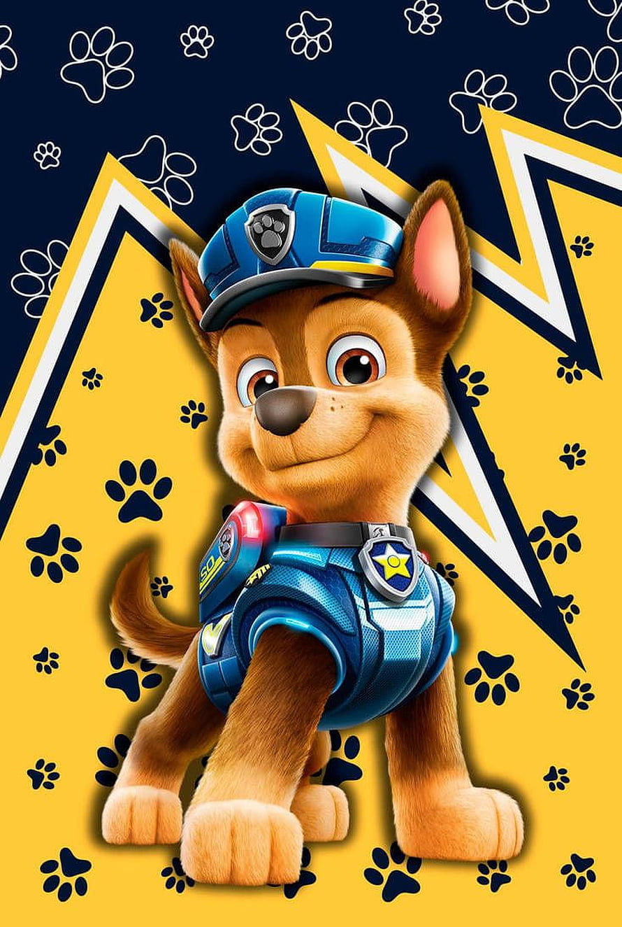 Chase from PAW Patrol in Blue Police Uniform with Yellow Lightning Background HD phone wallpaper