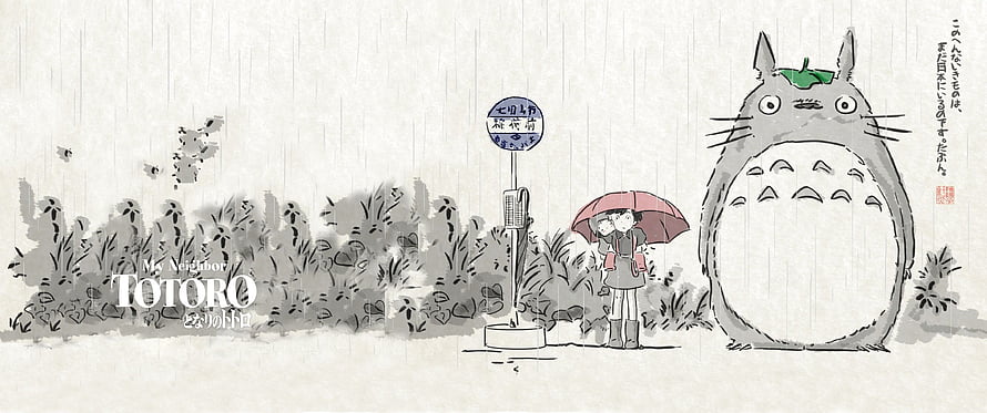 My Neighbor Totoro Watercolor Sketch with Satsuki and Mei at the Bus Stop in the Rain HD wallpaper