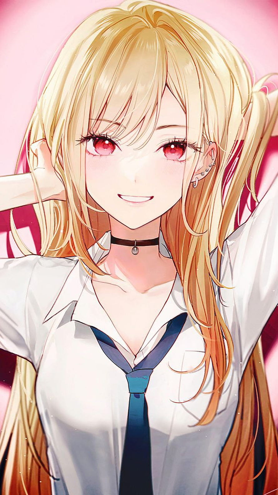 Anime Girl With Blonde Hair And Red Eyes Wearing School Uniform HD phone wallpaper