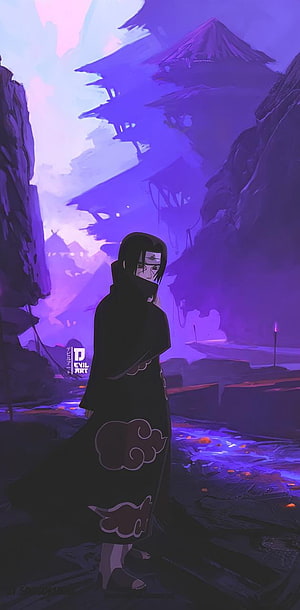 Itachi Uchiha from Naruto standing in a mystical purple canyon landscape with glowing water and traditional architecture HD phone wallpaper