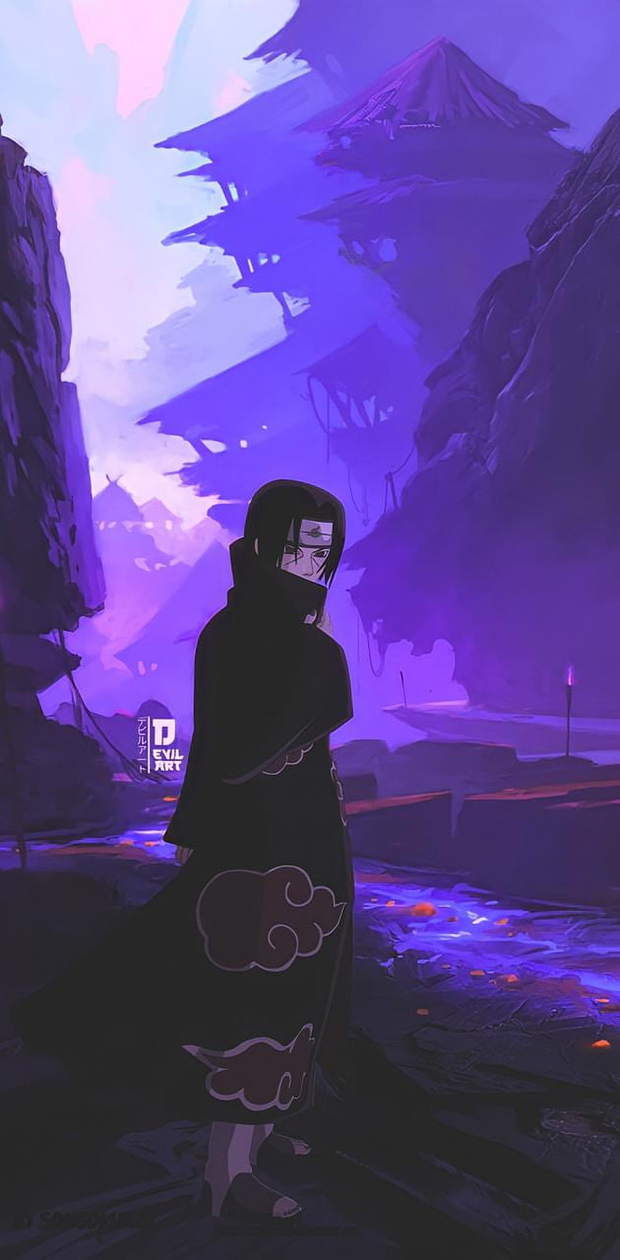 Itachi Uchiha from Naruto standing in a mystical purple canyon landscape with glowing water and traditional architecture HD phone wallpaper