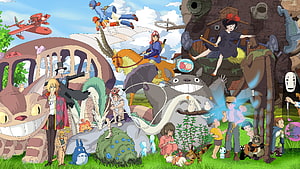 Studio Ghibli Characters Group Illustration Featuring Totoro, Catbus, and No-Face HD wallpaper