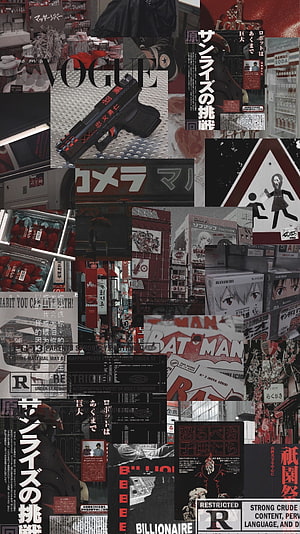 Dark Urban Collage Wallpaper Featuring Japanese Text, Guns, and Anime Aesthetics HD phone wallpaper