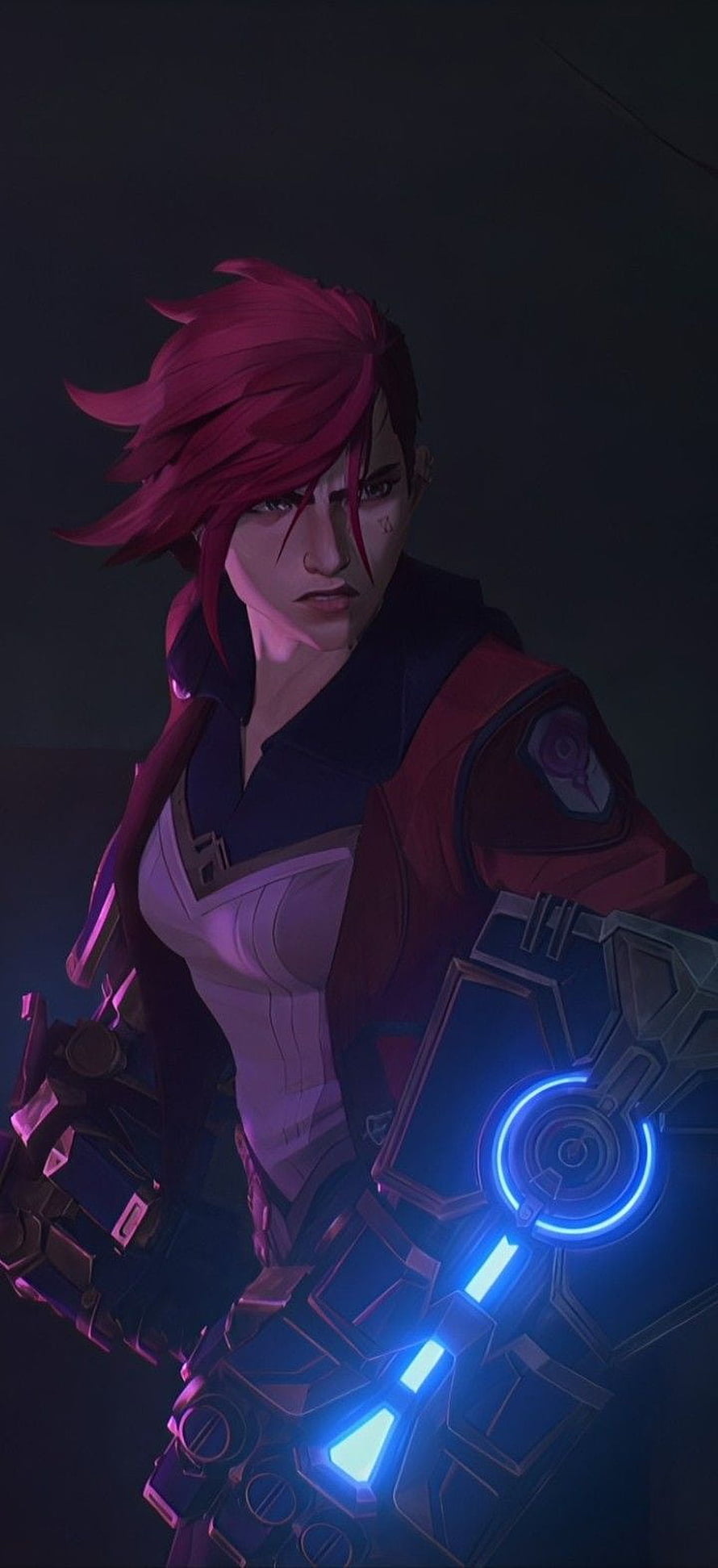 Vi from Arcane in Futuristic Armor with Glowing Blue Tech HD phone wallpaper