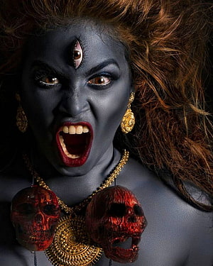 Maa Kali Fierce Goddess Portrait With Dark Skin And Skull Necklace HD phone wallpaper