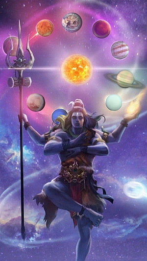 Lord Shiva Cosmic Dance with Planets and Trishula in Vibrant Space HD phone wallpaper