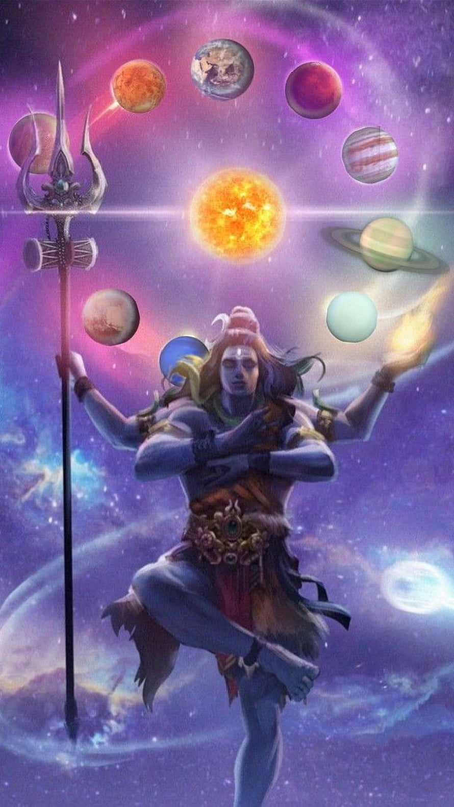 Lord Shiva Cosmic Dance with Planets and Trishula in Vibrant Space HD phone wallpaper