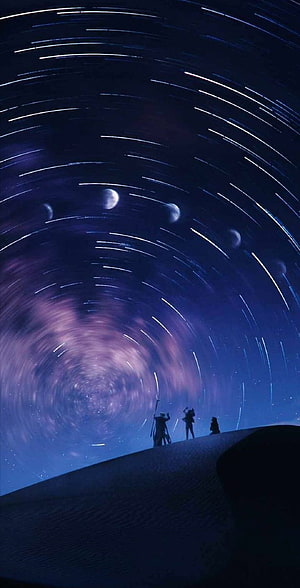 Silhouettes of adventurers gazing at a swirling starry night sky with celestial bodies and star trails HD phone wallpaper