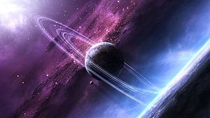 Mystical Ringed Planet in Purple Nebula Space Art HD wallpaper