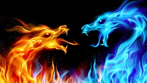 Fire and Ice Dragon Confrontation in Vibrant Digital Art HD wallpaper