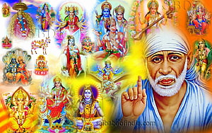 Sai Baba of Shirdi with Hindu Deities Ganesha Shiva Vishnu and Durga HD wallpaper