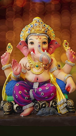 Colorful Ganesha Idol With Jewels And Mouse HD phone wallpaper