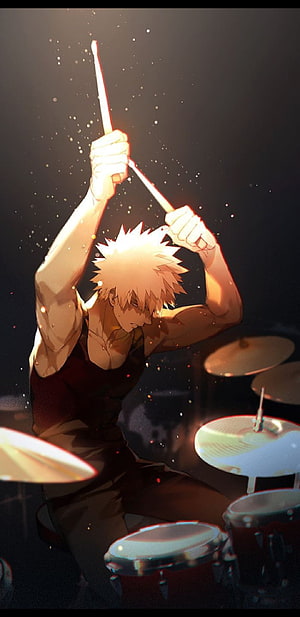 Katsuki Bakugou from My Hero Academia playing drums with intense energy and dramatic lighting HD phone wallpaper