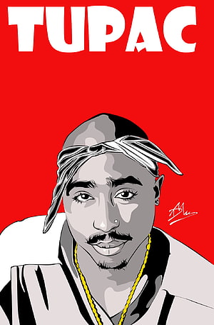 Tupac Shakur Stylized Portrait Illustration with Bandana and Gold Chain on Red Background HD phone wallpaper