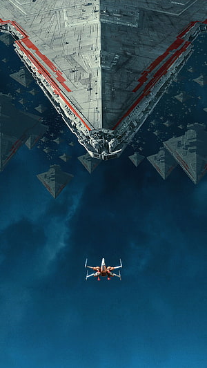 X-Wing Starfighter Flying Beneath Imperial Star Destroyer Fleet in Star Wars The Rise of Skywalker HD phone wallpaper