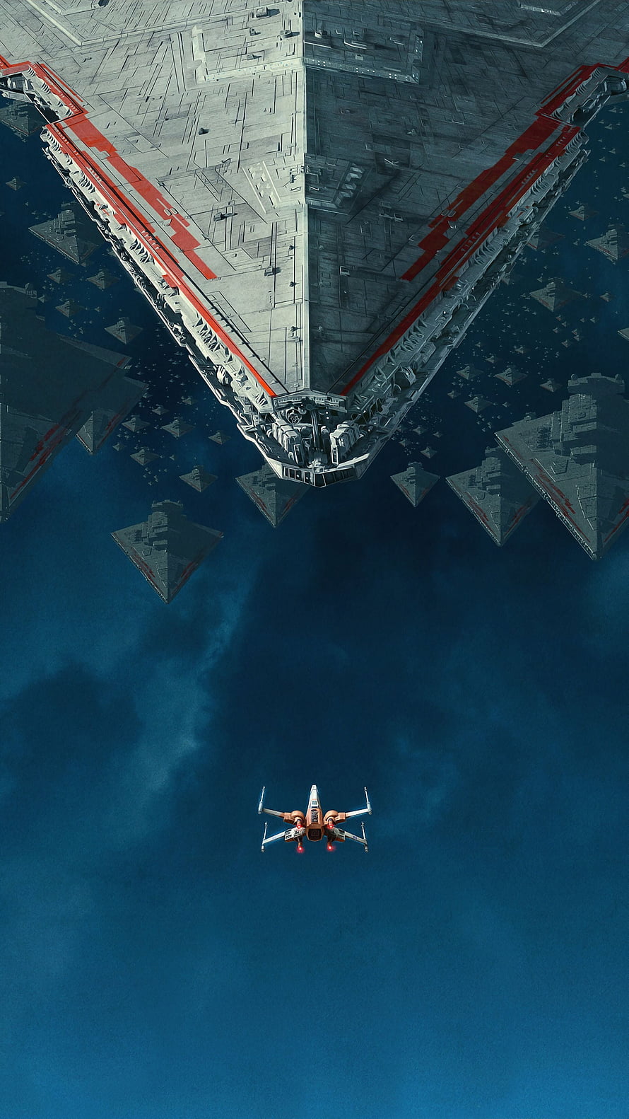 X-Wing Starfighter Flying Beneath Imperial Star Destroyer Fleet in Star Wars The Rise of Skywalker HD phone wallpaper