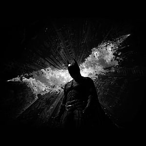 Batman standing in silhouette against a chaotic black and white cityscape with debris and smoke, Batman Dark Bw Hero Art IPad . , IPad One Stop D. Batman , Batman , Batman Comic HD phone wallpaper