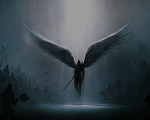 Dark Warrior Angel with Massive Wings Hovering Over a Battlefield in Dramatic Light HD wallpaper