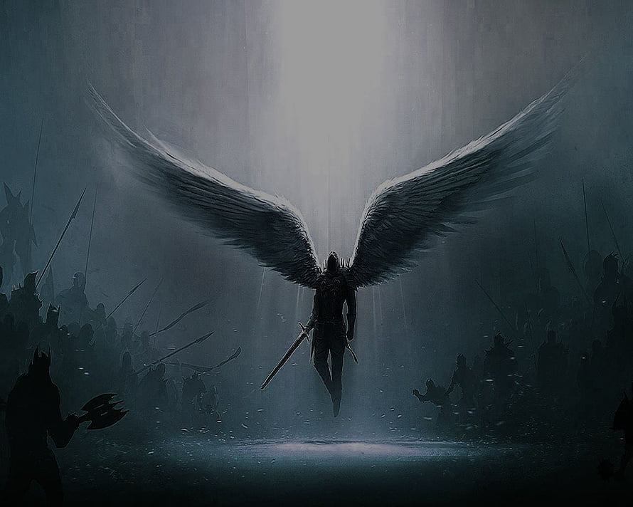 Dark Warrior Angel with Massive Wings Hovering Over a Battlefield in Dramatic Light HD wallpaper