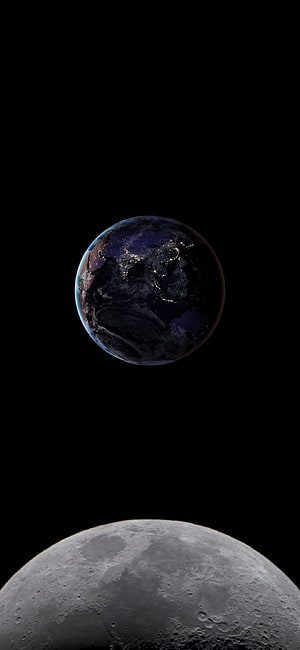 Earth and Moon in Deep Space, Night Side of Earth with City Lights HD phone wallpaper