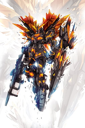 Gundam 02 Banshee Mecha Artwork with Fiery Orange Wings and Dark Armor HD phone wallpaper