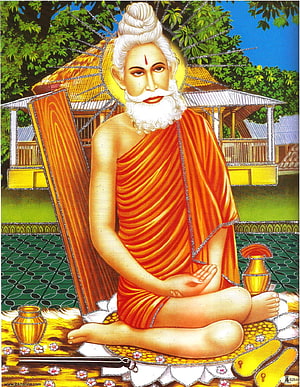 Illustration of Sage Vishwamitra Meditating in Orange Robes with Golden Pot and Staff HD phone wallpaper