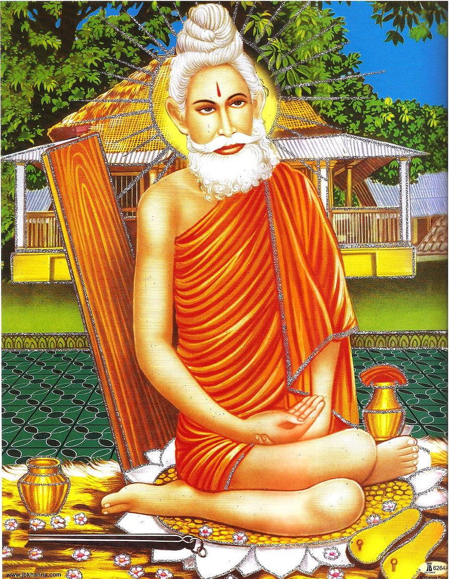 Illustration of Sage Vishwamitra Meditating in Orange Robes with Golden Pot and Staff HD phone wallpaper