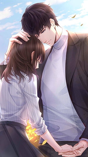 Tender Anime Couple Embrace Under a Soft Blue Sky with Falling Leaves HD phone wallpaper