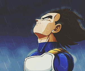 Vegeta Looking Up in the Rain with Intense Expression and Blue Aura HD wallpaper