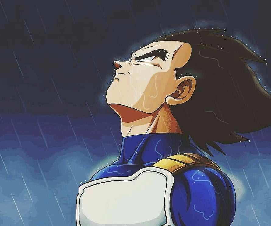 Vegeta Looking Up in the Rain with Intense Expression and Blue Aura HD wallpaper