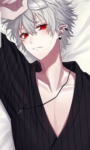 Anime Boy With Silver Hair And Red Eyes Lying Down In Black Pinstripe Suit HD phone wallpaper