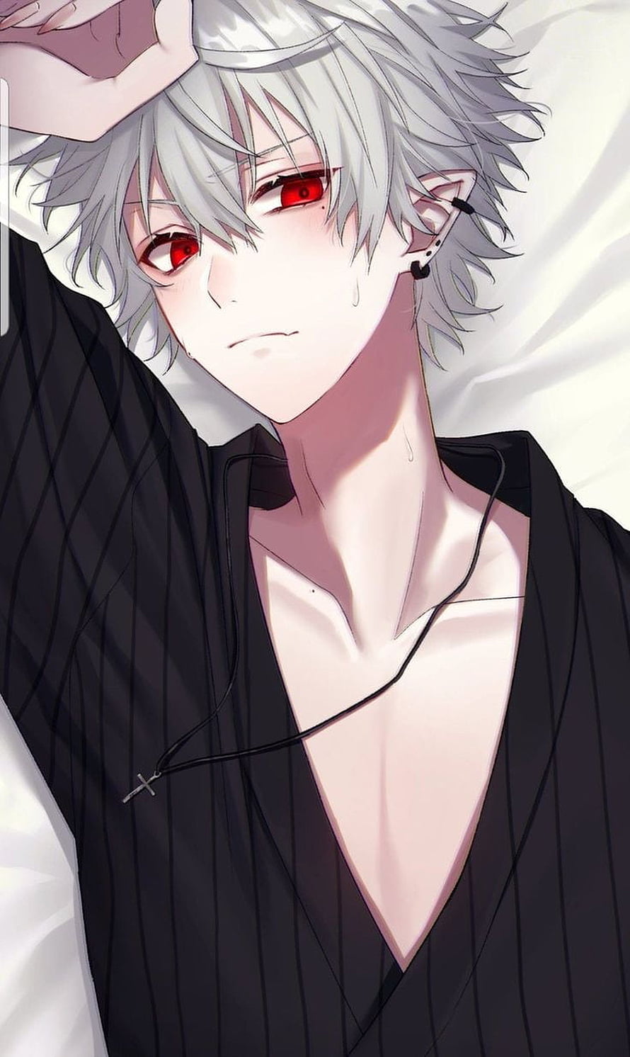 Anime Boy With Silver Hair And Red Eyes Lying Down In Black Pinstripe Suit HD phone wallpaper