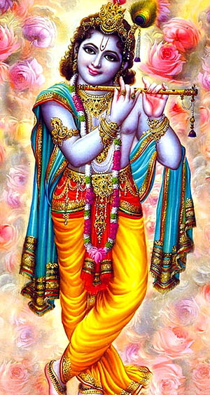 Lord Krishna Playing Flute in Vibrant Traditional Attire with Floral Background HD phone wallpaper