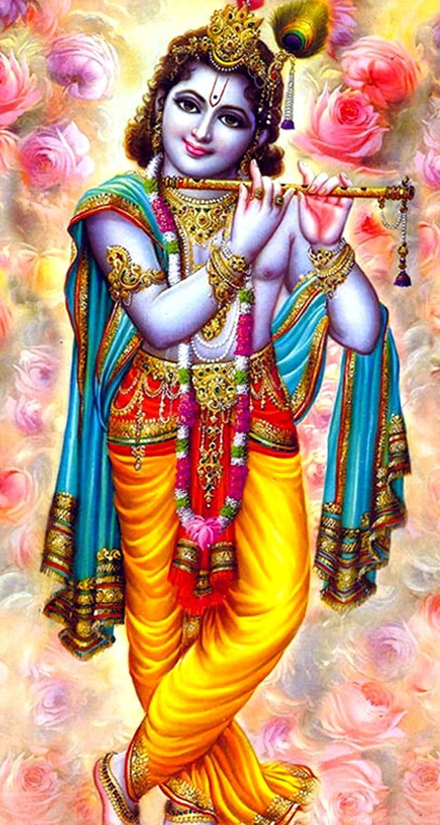 Lord Krishna Playing Flute in Vibrant Traditional Attire with Floral Background HD phone wallpaper